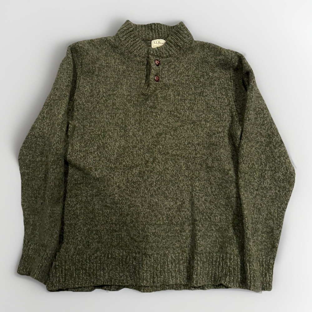 L.L. Bean Classic Ragg Wool Sweater Mens Size M Green Knit Henley Lambs Wool